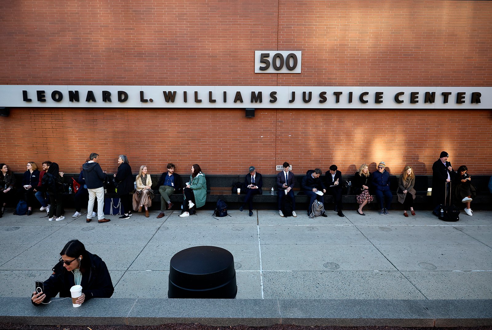 Reporters and members of the public outside of the Leonard Williams Justice Center where Dominion Voting Systems is suing Fox News in Delaware Superior Court today in Wilmington, Delaware.